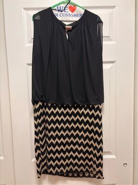 Black Blouson Top Chevron Skirt Dress - Elegant Evening Wear